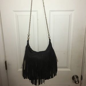 Dark gray leather fringe crossbody